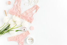 Flat Lay Set Of Sexy, Lacy, Pink Lingerie, Accessories On White Background. Top View.