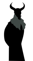 Wall Mural - Silhouette of Devil. Man wearing a mask and big horns, mustache, goatee and austere clothes from old times, isolated on white background