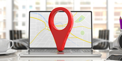 Sticker - Location marker on laptop, map on the screen, business background. 3d illustration