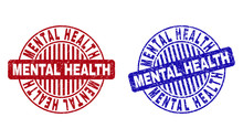 Grunge MENTAL HEALTH Round Stamp Seals Isolated On A White Background. Round Seals With Grunge Texture In Red And Blue Colors.