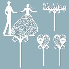 Wall Mural - Wedding cake topper for laser or milling cut. Vector graphics. Patterns for cutting. Dance, flowers, dress.