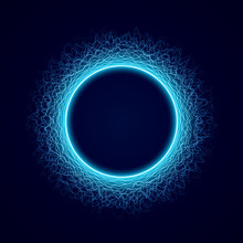 Neon Circular Shape Of Soundwave Form. Audio Equalizer. Sound Impulse Visualization. Neon Circle With Dots Light Effect On Black Background. Vector Illustration.