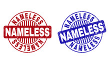 Grunge NAMELESS Round Stamp Seals Isolated On A White Background. Round Seals With Grunge Texture In Red And Blue Colors. Vector Rubber Watermark Of NAMELESS Label Inside Circle Form With Stripes.
