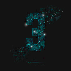 Wall Mural - abstract isolated blue image of a number three. polygonal illustration looks like stars in the blask