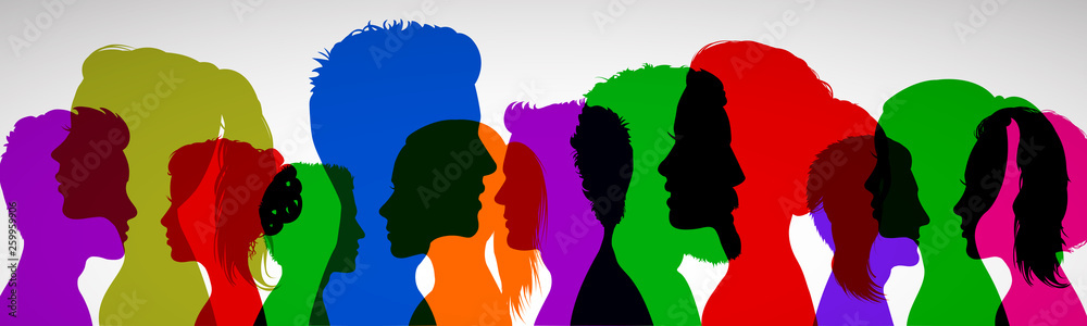 Group young people. Profile silhouette faces girls and boys – for stock - obrazy, fototapety, plakaty 