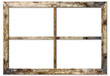 Very aged wooden window frame with cracked paint on it, mounted on a grunge wall