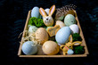Easter bunny with moss grass and colorful eggs in a cardboard box