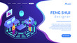 Feng shui consultant rearranges space for positive energy flow, tiny people. Feng shui interior, feng shui designer, home decor philosophy concept. Isometric 3D website app landing web page template