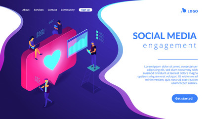 Social media specialists and analyst work with tablets and laptops and like. Social media engagement, in-platform messaging, SMM campaign concept. Isometric 3D website app landing web page template