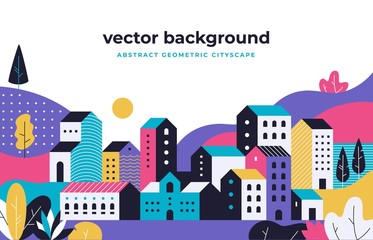 Minimal cityscape. Flat geometric background with buildings leaves treas and fields, nature environment vector landscape