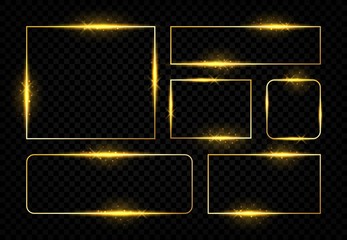 Poster - Shiny golden frames. Square magic border with glowing golden lines and flares, vector birthday party and wedding greeting card