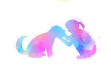 Pet Care. Girl Playing With Dog  Silhouette On Watercolor Background. The Concept Of Trust, Friendship . Digital Art Painting.