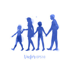 Parents having good time with their child.  Happy family walking together isolated on white background. Watercolor style. Vector illustration.