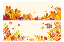 Thanksgiving Background With Space For Text, Horizontal Banners With Orange Pumpkins, Leaves Of Maple And Rowan Vector Illustration