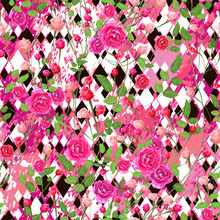 Beautiful Floral And Geometric Vector Seamless Pattern. Pink Rose Flowers With Leaves And Different Size Black And White Rhombuses On Pink Marble Textured Background For Trendy Textile, Card, Carton.