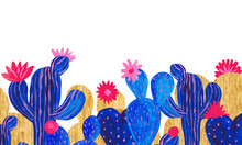 Banner Hand Painted Set Of Decorative Cactus In Fantasy Style Set Of Flowering Plants, Cactus Blue Coral Color