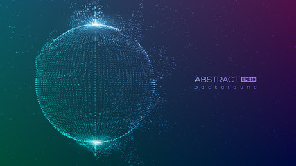 Abstract globe particles sphere with explosion effect. 3d technology digital style. Space background. Futuristic vector illustration.