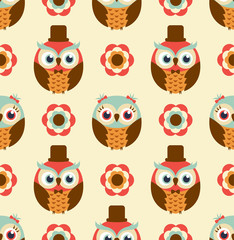 Sticker - seamless cute cartoon owls wallpaper pattern background - Vector
