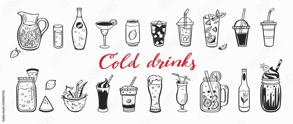 Vector hand drawn set of Cold drinks, summer cocktails and beverages with fruits. Various doodles for beach party, bar, restaurant menu. Isolated objects - obrazy, fototapety, plakaty 