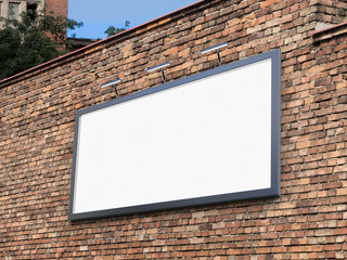 Wall Mural - 3D rendering of blank billboard (empty advertisement) on brick wall. Empty mockup template