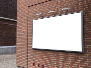 Wall Mural - 3D rendering of blank billboard (empty advertisement) on brick wall. Empty mockup template