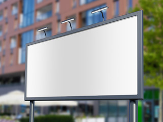Wall Mural - 3D rendering of blank billboard (empty advertisement) with city background. Empty mockup template