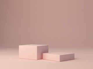 Wall Mural - Pink shapes on pastel colors abstract background. Two boxes. Minimal podium. Scene with geometrical forms. Empty showcase for cosmetic product presentation. Fashion magazine. 3d render. 