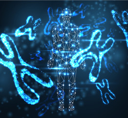 Blue abstract background with luminous DNA molecule, neon female X chromosome and human silhouette.