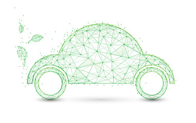 Poster - Eco friendly car and leaves form lines and triangles, point connecting network background. Ecology concept