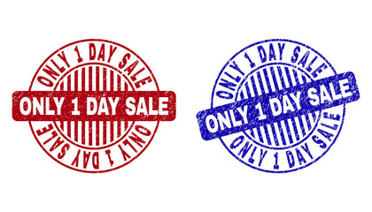 Grunge ONLY 1 DAY SALE round stamp seals isolated on a white background. Round seals with grunge texture in red and blue colors.