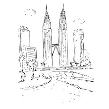 Very Simple Black Outline Sketch Of Petronas Twin Tower At Kuala Lumpur Malaysia At White Background