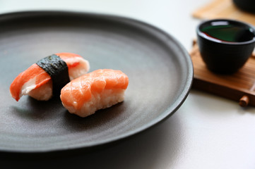 Sushi in dish in modern restaurant