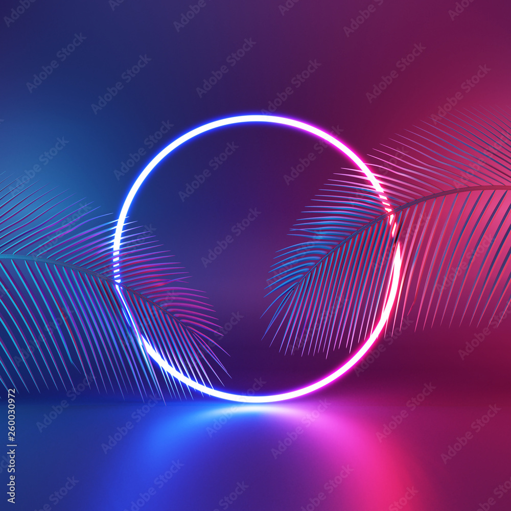 Tropical leaves with neon light. 3d rendering - obrazy, fototapety, plakaty 
