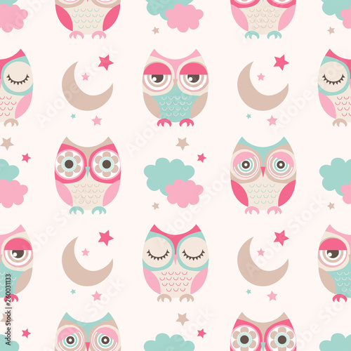 Seamless Cute Cartoon Owls Birds Wallpaper Pattern For