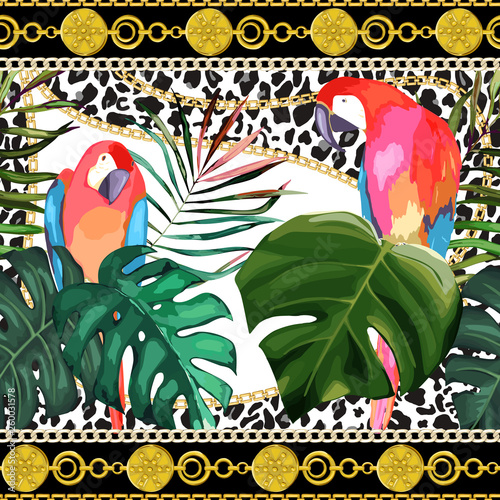 Dekoracja na wymiar  wzor-mody-nadruk-zwierzecy-z-papugami-i-tropikalnymi-liscmi-obramowanie-glamour-z-elementami-lamparta-i-lancuchami-ilustracja-wektorowa