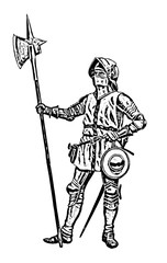 Wall Mural - Teutonic knight illustration. Medieval soldier with halberd. Crusader drawing..