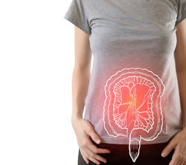 Digital composite of highlighted redinjured or infected intestine of woman