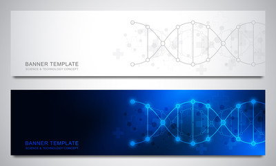 Wall Mural - banners and headers for site with dna strand and molecular structure. genetic engineering or laborat