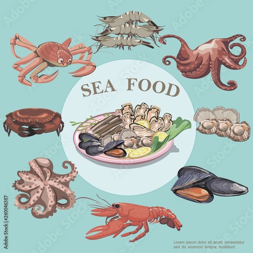 Flat Sea Food Round Concept