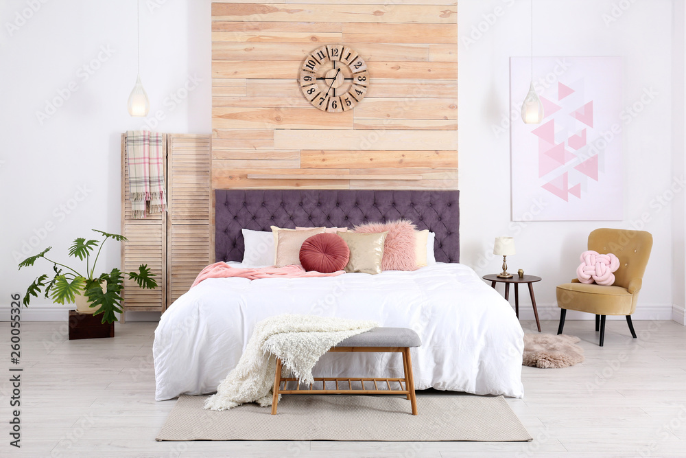 Modern interior design of cozy light bedroom - obrazy, fototapety, plakaty 