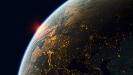 Wall Mural - red sunrise over planet earth, realistic 3d illustration
