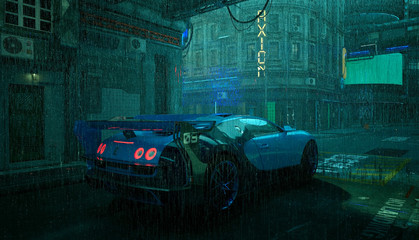 Futuristic city landscape with neon lights. Rainy scene in the style of cyberpunk. Photorealistic 3d illustration. Sports car in the street in the rain. Grunge wallpaper.