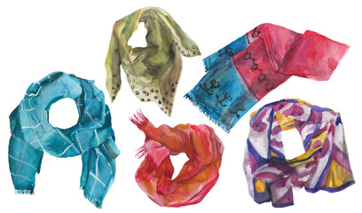 Set of watercolor scarves, warm and thin, for all seasons, isolated on white background.