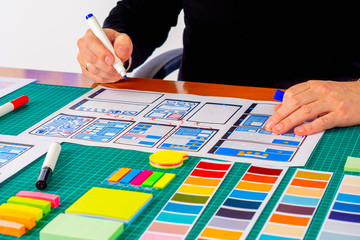 Poster - ux the graphic designer is working on a model of the future mobile application. designer sketches th