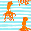 seamless pattern orange squid animal flat character with cyan strips on white background. Cartoon calamary for design, background, card, print, textile, paper