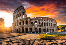 Rome, Italy. The Colosseum Or Coliseum At Sunrise.