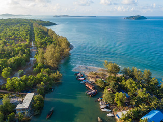 Aerial view of the Ou Trojak Jet river estuary with resorts and gulf of Siam on background