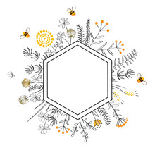 Frame With Honey Flowers And Bees. Cartoon Vector Illustration