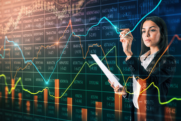 Poster - Pretty businesswoman with forex chart