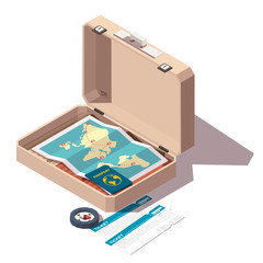 Vector isometric open suitcase with card, passport, compass and tickets. Travel, tourism or booking icon